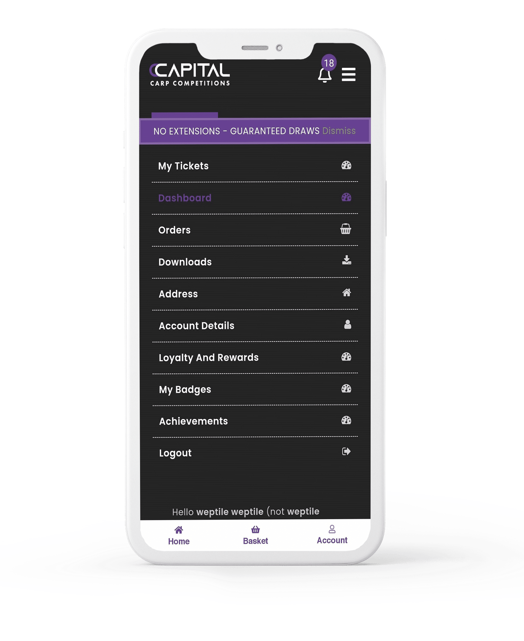 Capital Carp Competitions mobile app menu